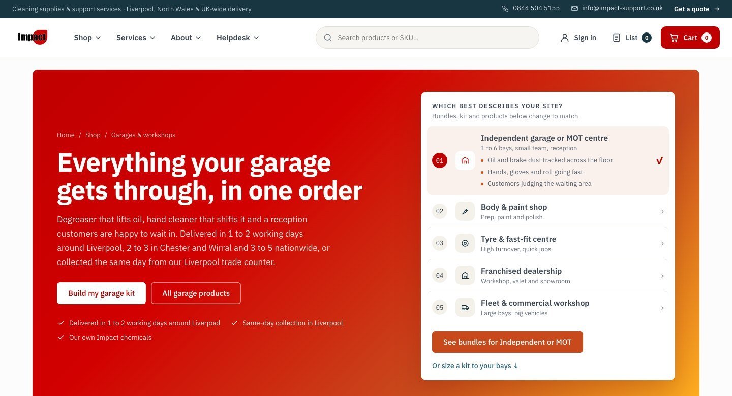 The Garages and workshops landing page with its site picker